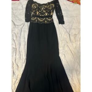 Chris Kole Vintage Couture Black Gold Lace Long Gown 3/4 Sleeve Zip Dress Size 4